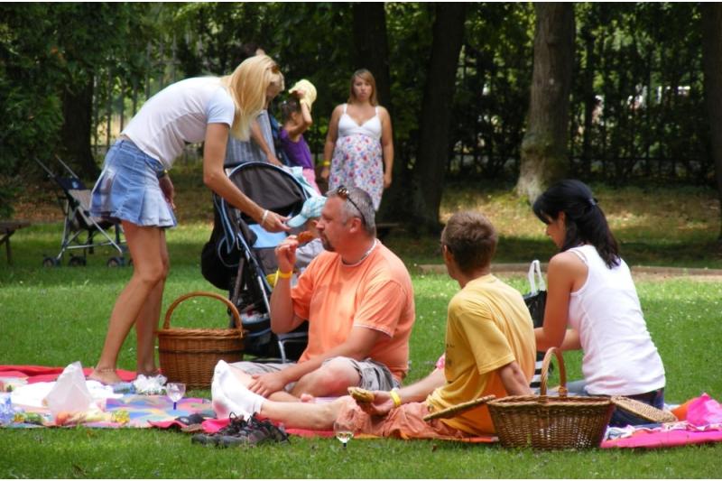 Výlet s rodinným piknikem v zámeckém parku s labyrinty